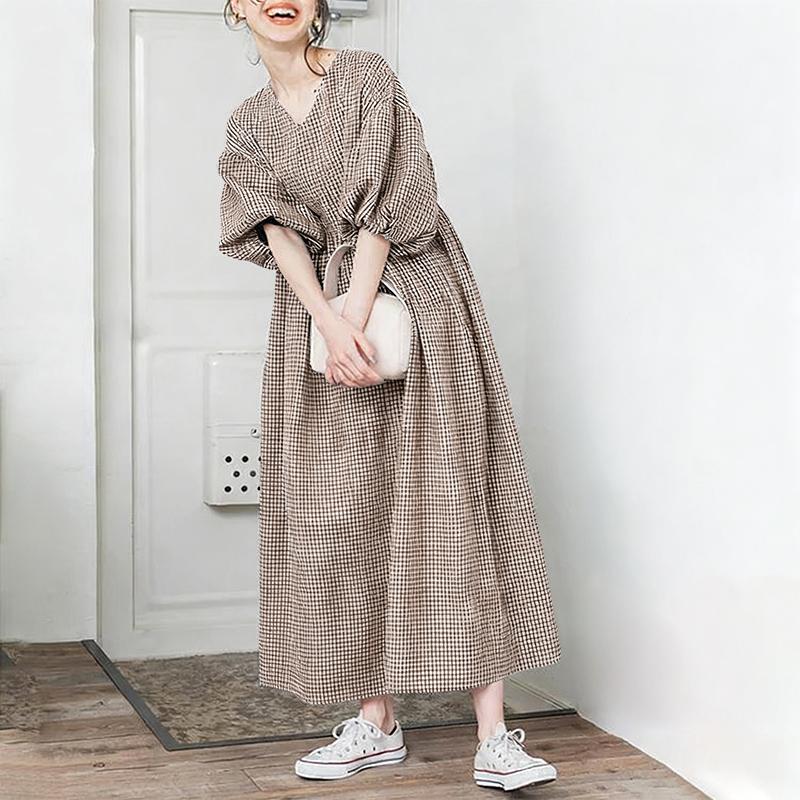 ZANZEA Women Casual V-Neck Summer Short Sleeve Plaid Print Dress