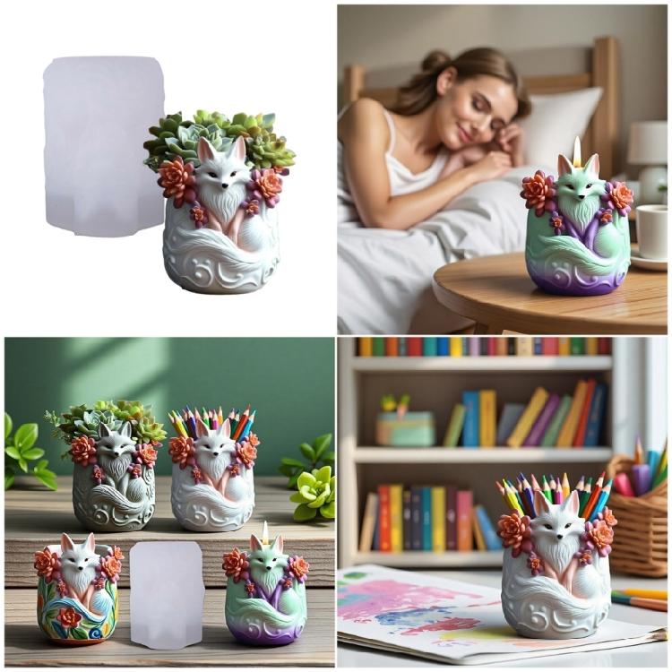 Reusable Silicone Mold with Foxes Relief Design for Resin Casting Cement Crafts and Decorative Succulent Plant Pots