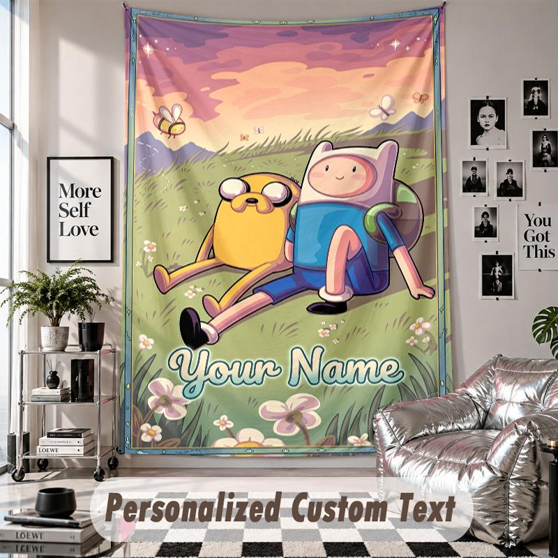 Wall Hanging Tapestry With Custom Name & Text, Adventure Time cartoon Decorative Tapestry For Bedroom