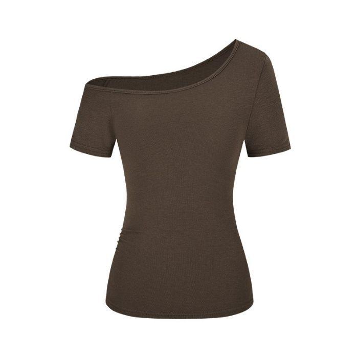Spring 2025 Off-Shoulder Slim Fit Women's T-Shirt - Solid Color, Short-Sleeve Pullover