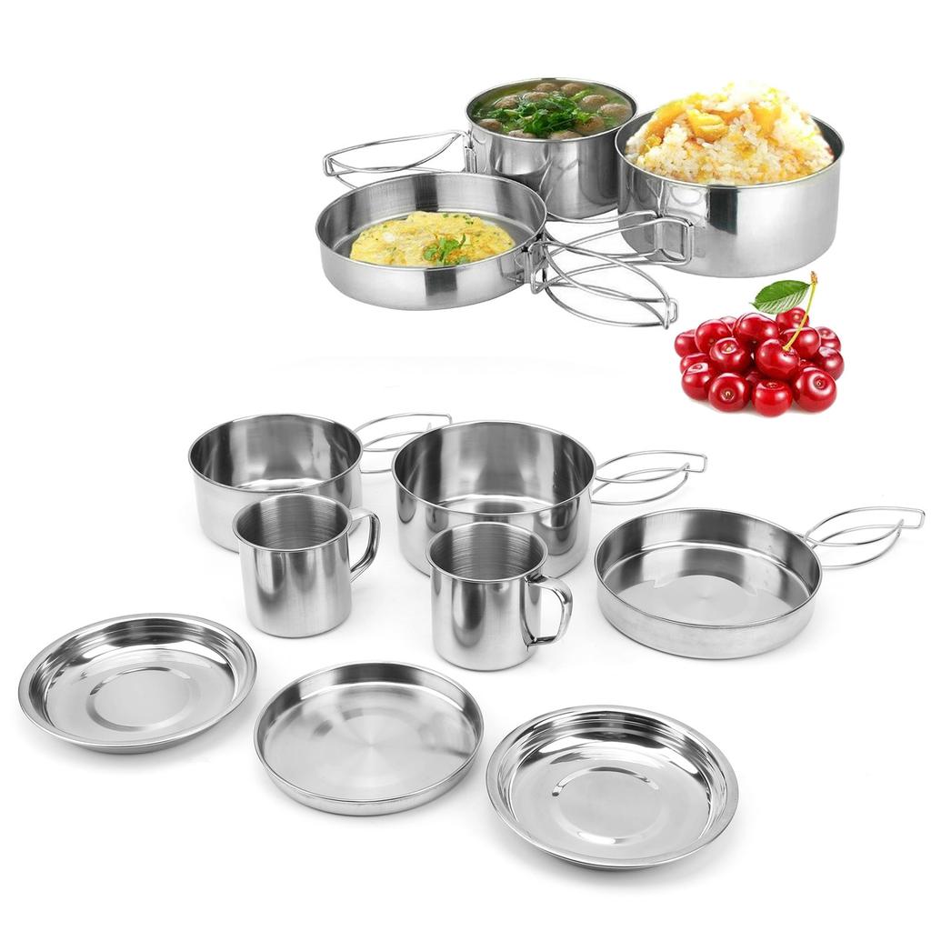 8-teiliges Tragbares Camping-Kochgeschirr-Set Edelstahl Wander-Topf Pfanne Tasse Set für Picknick BBQ
