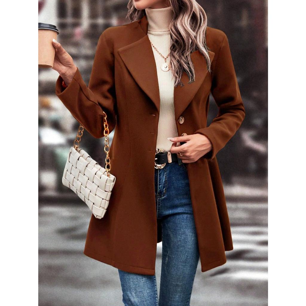 2025 New Women's Winter Lapel Slim Woolen Solid Color Fashion Coat for Europe and America
