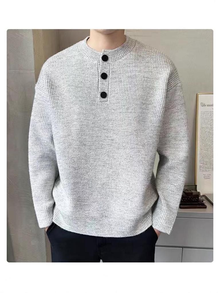 Gray Retro Henley Neck Men's Winter Sweater - Warm, High-End Knit for Cold Protection