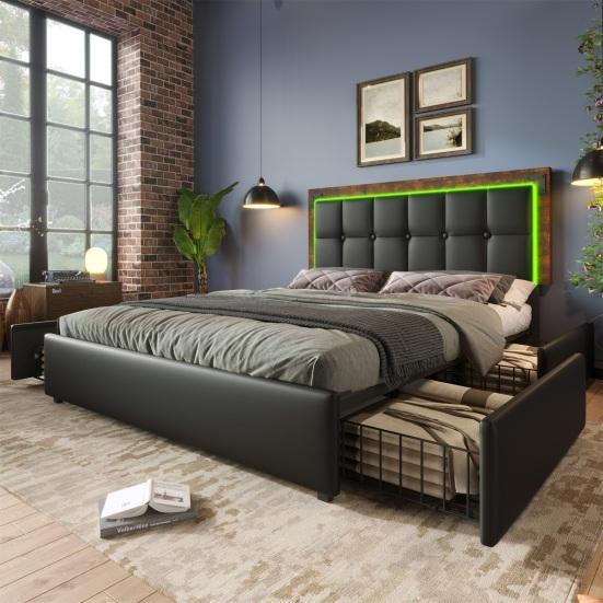 Bed Frame with LED Lighting Bar and 4 Drawers, Double Bed Upholstered Bed 140x200cm, Height-Adjustable Headboard, Functional Bed, Faux Leather Black