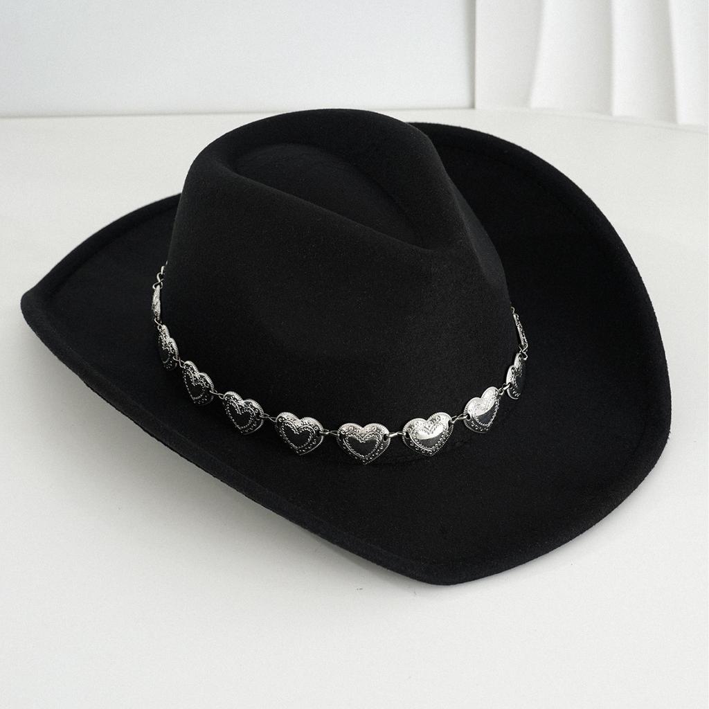 European, American and Western Cowboy Hat Top Hat Simple Versatile Metal Hollow Love Heart Hat Chain Hip Hop Punk