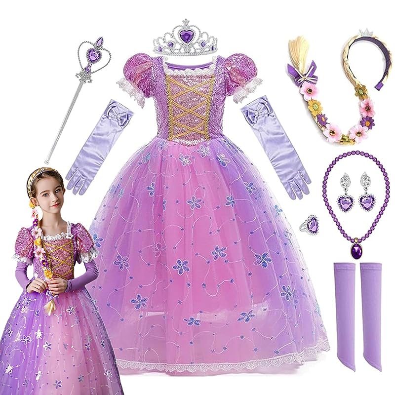 QOOLY Princess Dress Cosplay Costume for Girls, Luxurious 9-Piece Set with Accessories, Cute Princess Dress, Perfect for Christmas, Halloween,