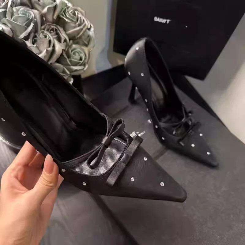 Sexy Polka Dot Bow Knot Pointed Toe Sandals for Women Spring Summer New Arrival Diamond Paved Low Heel Faionable Slip-On oes