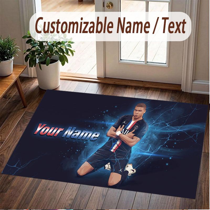 Custom Rug Kylian Mbappe Pattern Print Name Text Soft Non‑Slip Floor Carpet for Home Indoor Decoration