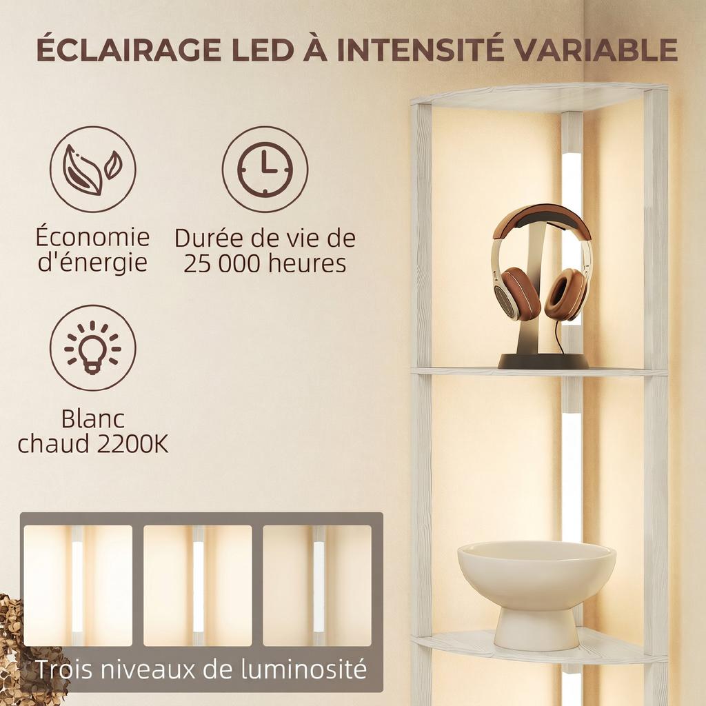Floor Lamp, 4-Tier Corner Shelves, Dimmable LED, 41 x 29.5 x 163.5 cm, Oak