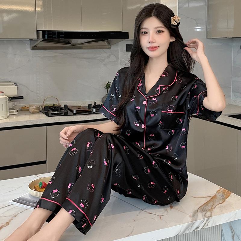 Sweet And Cool Girl Wind Ice Silk Pajamas Women'S Summer Short-Sleeved Trousers Comfortable Loungewear