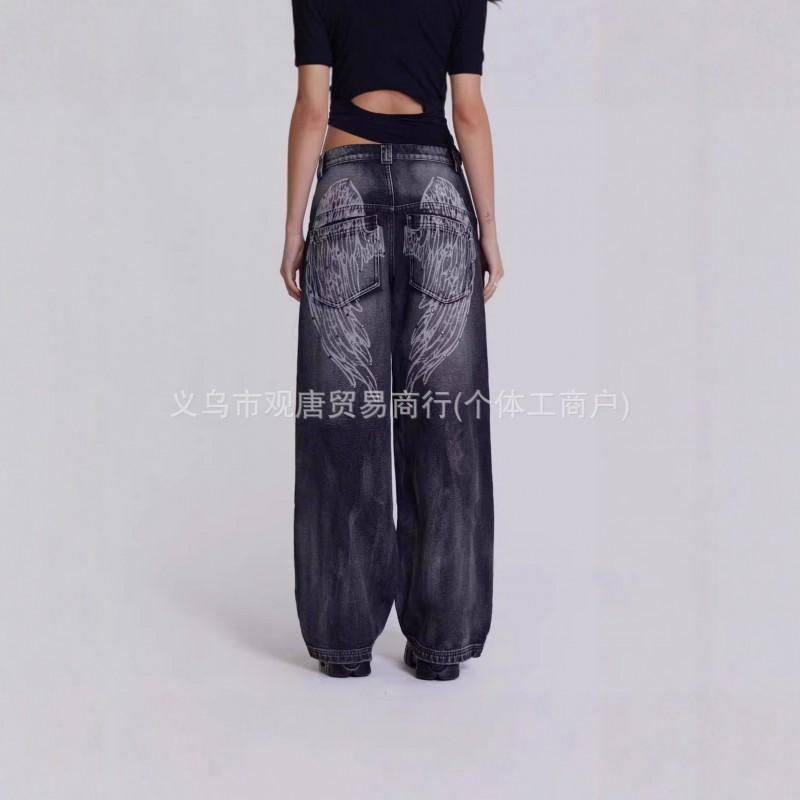 Y2K Streetwear Wide Leg Denim Pants Women Retro Wing Print Loose Fit Mid-Rise Straight Cut 2025