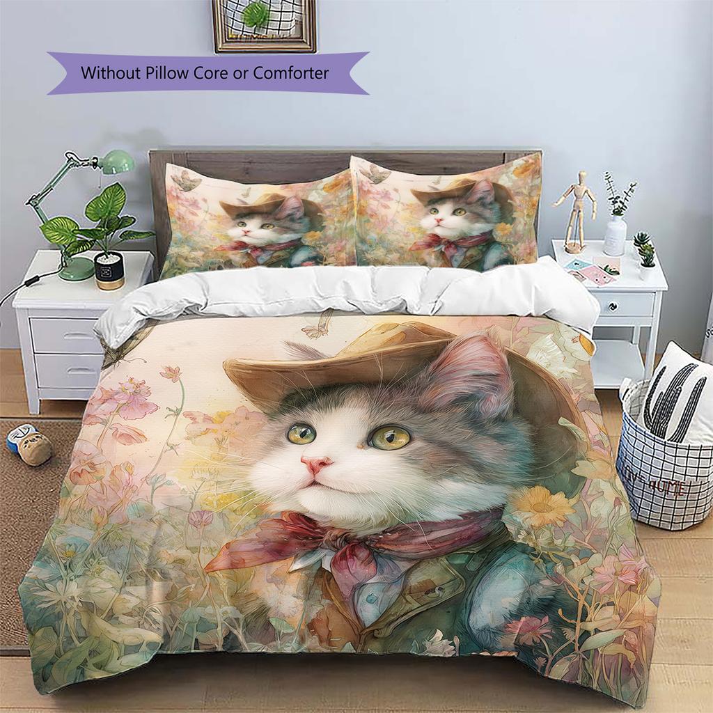 Set Copripiumino Trapuntato con Fantasia Gatto con Cappello Vintage Decorazione per la Casa Regalo (1 * copripiumino + 2 * federa, senza nucleo)