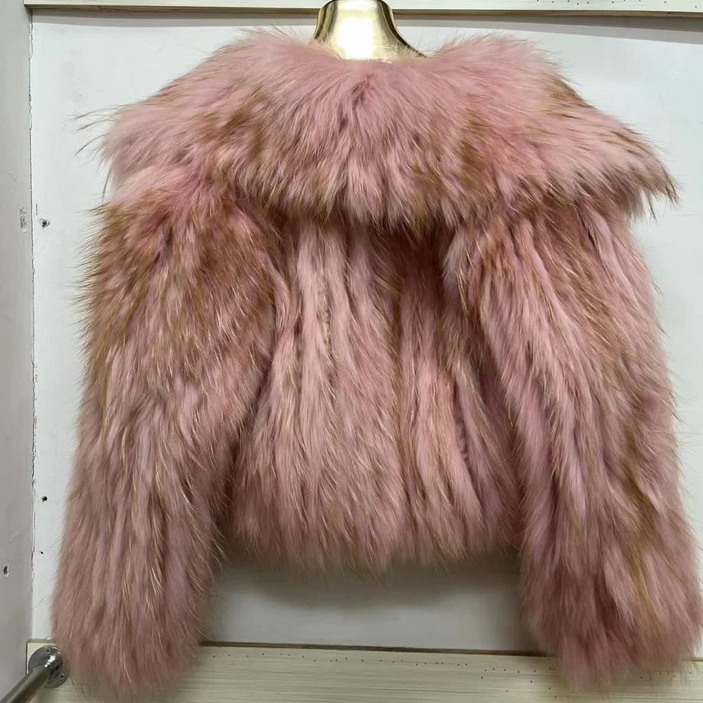 Real Raccoon Fur Coat Quilted Braided Large Lapel Fur Coat High Waist Short Style Youthful Temperament Winter Top