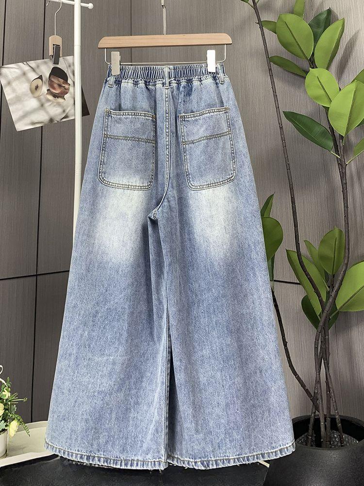 Plus Size High Waist Denim Pants Women Summer Trousers Wide Leg Loose Elastic Waist Jeans