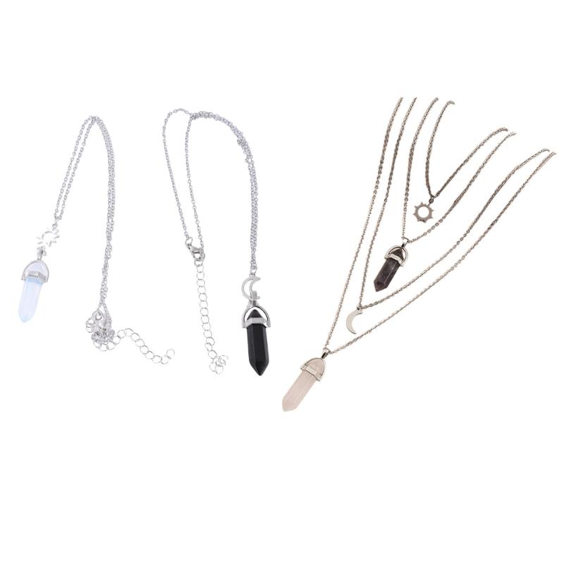 2PCS Natural Stone Hexagonal Column Crystal Pendant for Sun and Moon Charm Best Friends Jewelry Bullet Stone Women BFF G