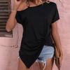 Tops Chain Shoulder Strap Short Sleeve Irregular Hem Shirring Tee Top Women T-shirt Skew Collar One Loose Pullover