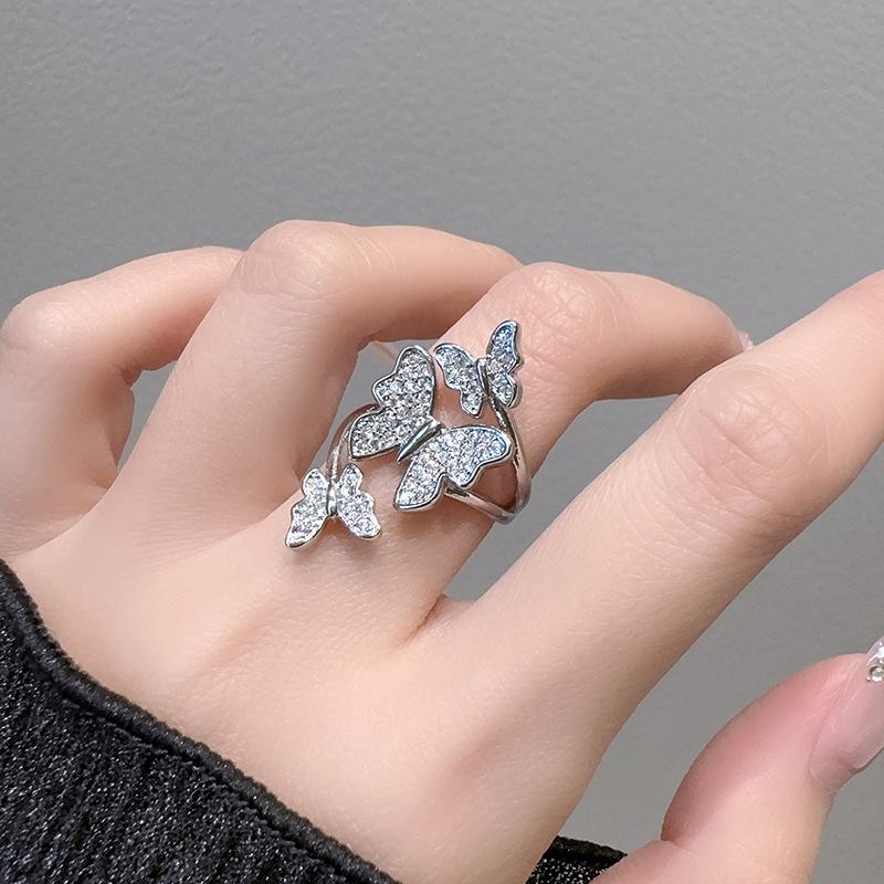 Elegant Full Diamond Exquisite Butterfly Opening Ring Adjustable Stacking High-End Niche Design Index Finger Ring