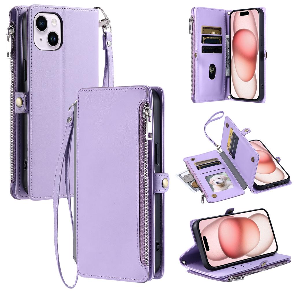015 Style For iPhone 15 Leather Case Zipper Pocket Shockproof Phone Cover