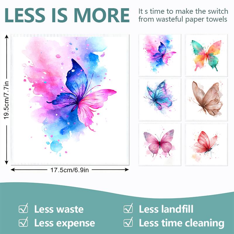 6PCS Cleaning Dishcloths Reusable Kitchen Dish Towels Watercolor Butterfly Pattern Dishcloth Absorbent Lint Free Cloth Washable Duster Rags Tea Towels