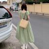 Vintage Japanese Green Plaid Drawstring Dress for Women, New Summer Fashion, Waist-Cinching Slimming Mid-Length Dress