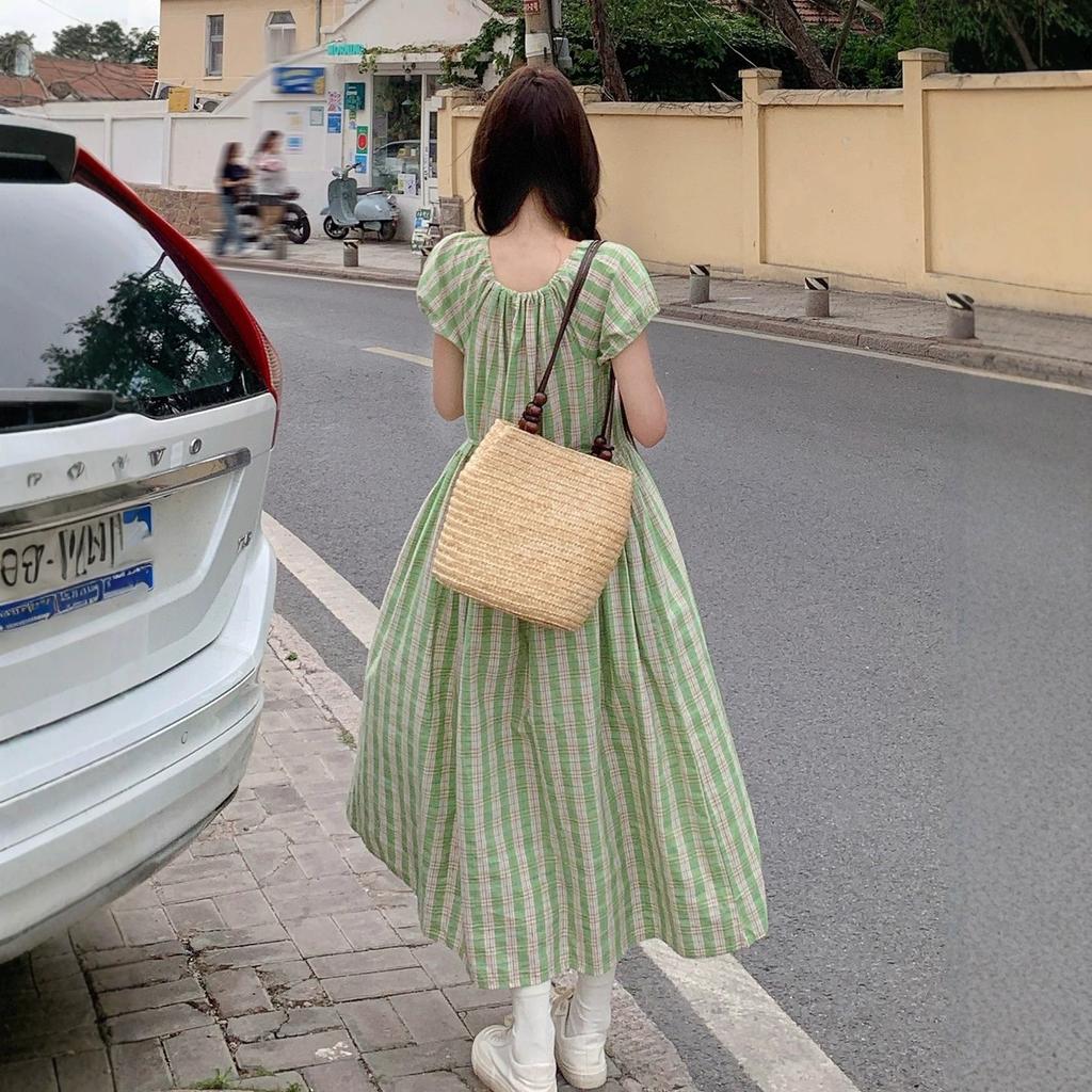 Vintage Japanese Green Plaid Drawstring Dress for Women, New Summer Fashion, Waist-Cinching Slimming Mid-Length Dress