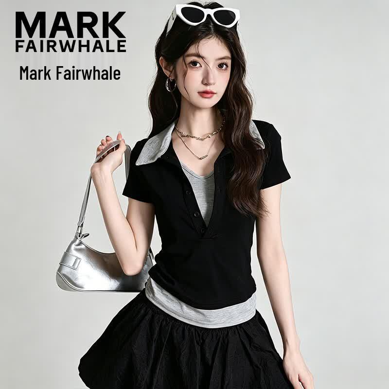 MARK FAIRWHALE Women s Faux Two-Piece Patchwork Polo T-Shirt S