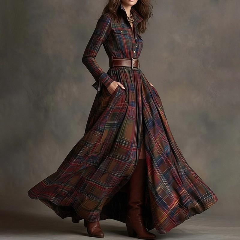 2026 Womens French Chic Midi To Maxi Dress High-Waisted A-Line With Asymmetrical Hem Striped Or Plaid Print Long Sleeve