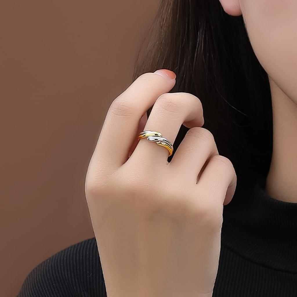 Rockyu Women's Ring, Free Size, Silver & Gold Double Ring, Pair, Detachable, Geometric Design, Stylish, Made of Sterling Silver 925, Hypoallergenic, B