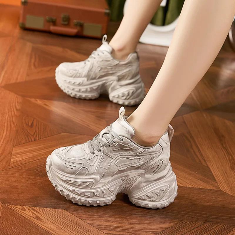 Fashion 10CM Internal Height Women Shoes Outdoor Leisure Genuine Leather Wide Toe Sneakers Female Retro Thick Platform Shoes