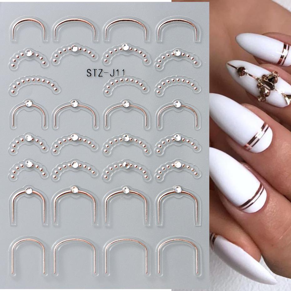 Strass 3D Linee Ondulate Argentate Adesivi per Unghie Decalcomanie Striscia Pizzo Perla Decorazioni per Nail Art Autoadesivi Gel Slider Manicure