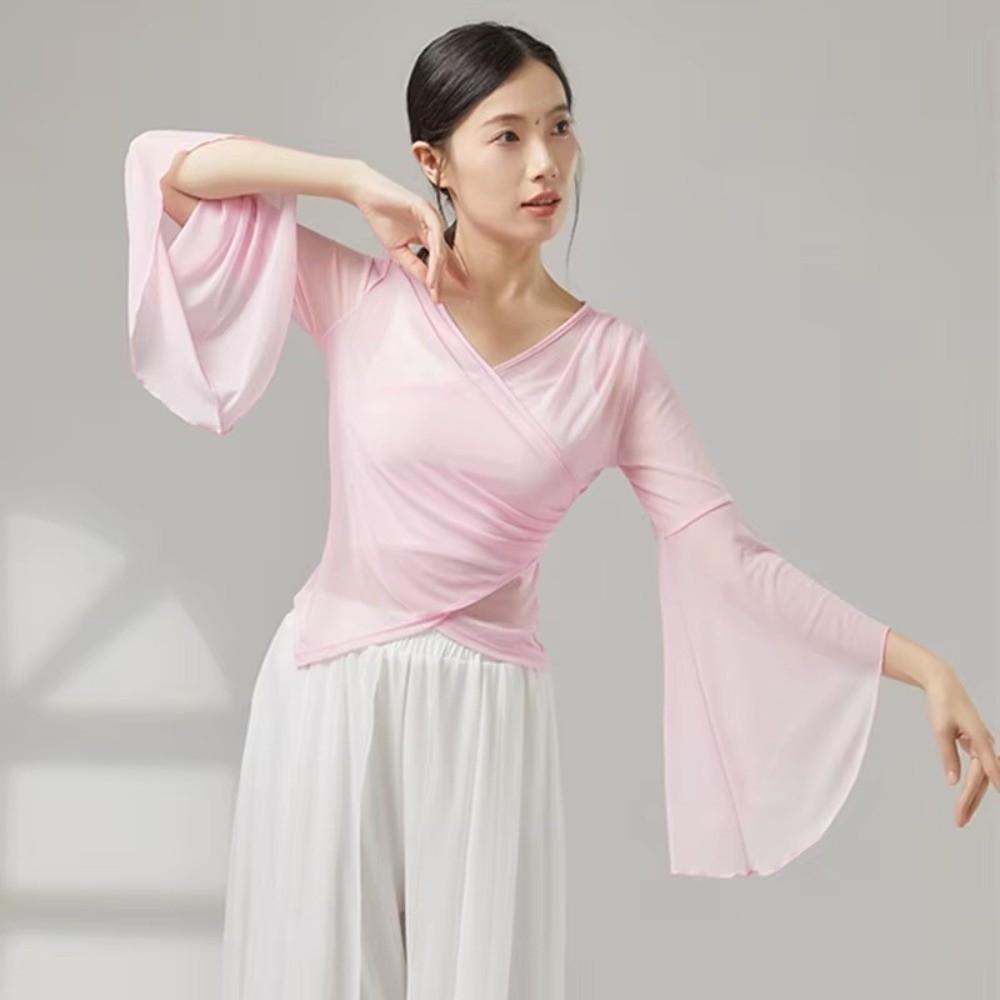 Elegant Chinese Folk Dancewear Hanfu Style Mesh Top Breathable Classical Dance Top Women Dancewear