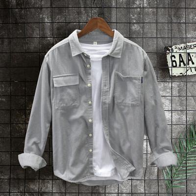 Men Autumn Shirt Single-breasted Loose Solid Color Long Sleeves Flap Pocket Dress Up Soft Turn-down Collar Spring Coat for Daily Wear