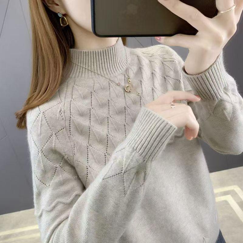 Women's Loose Half-High Neck Knit Sweater - Solid Color, Versatile Autumn/Winter Pullover