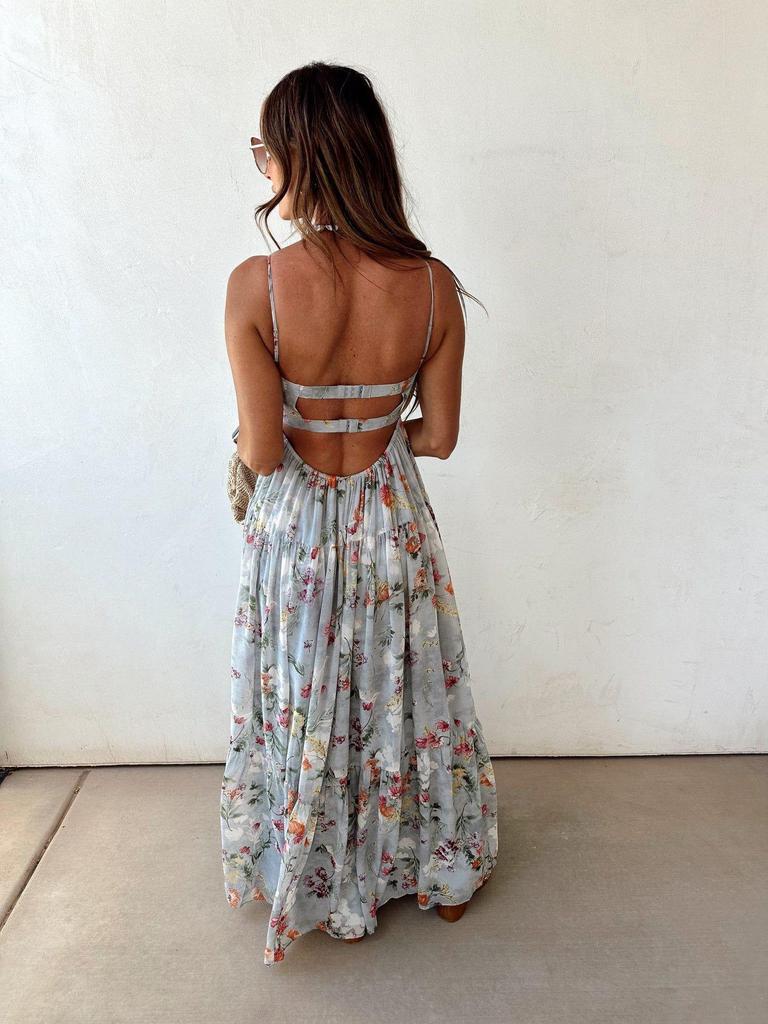 2026 Women's Fashion Printed Spaghetti Strap Sleeveless Backless Dress