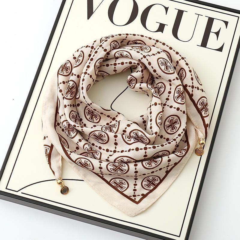 Women's 65" Silk Square Scarf with Magnetic Buckle – Autumn/Winter Print, Fashionable & Versatile Triangle Snood