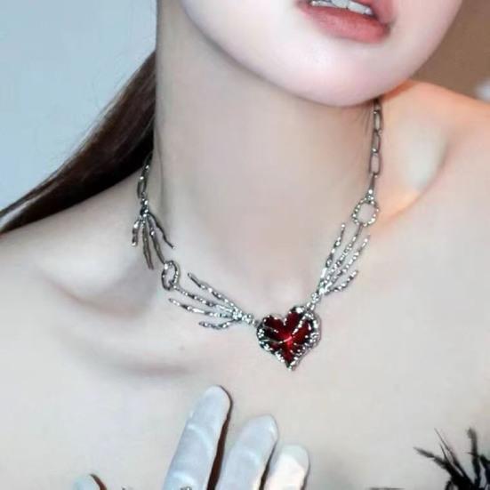 Women Necklace Red Rhinestone Heart Pendant Skeleton Hand Shape Punk Dark Style Individual Hollow Out Neck Jewelry for Club Party