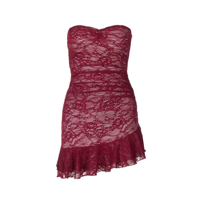 Sexy, trägerloses, eng anliegendes Straßenkleid mit Spitzenmieder und Schößchen