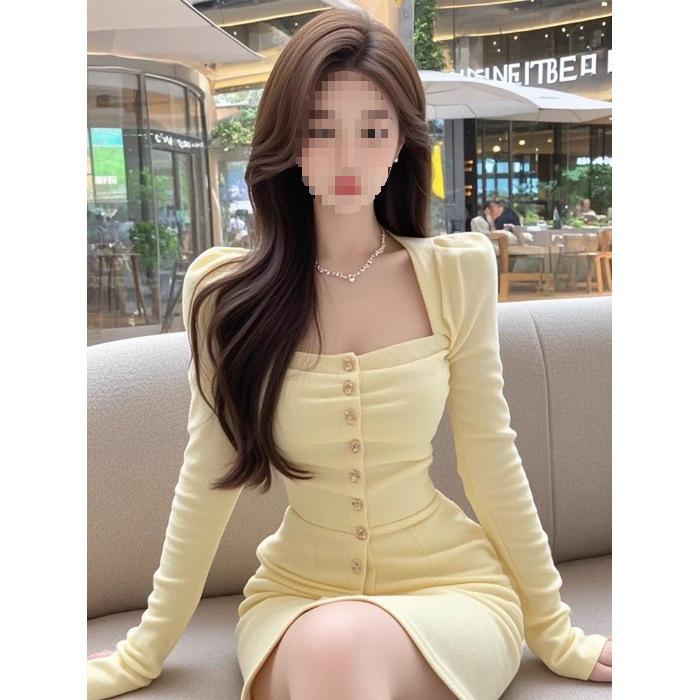 

Mature Style Square Neck Long Sleeve Dress: Elegant Waist-Cinched Slimming Design, Hip-Hugging Fit S жёлтый