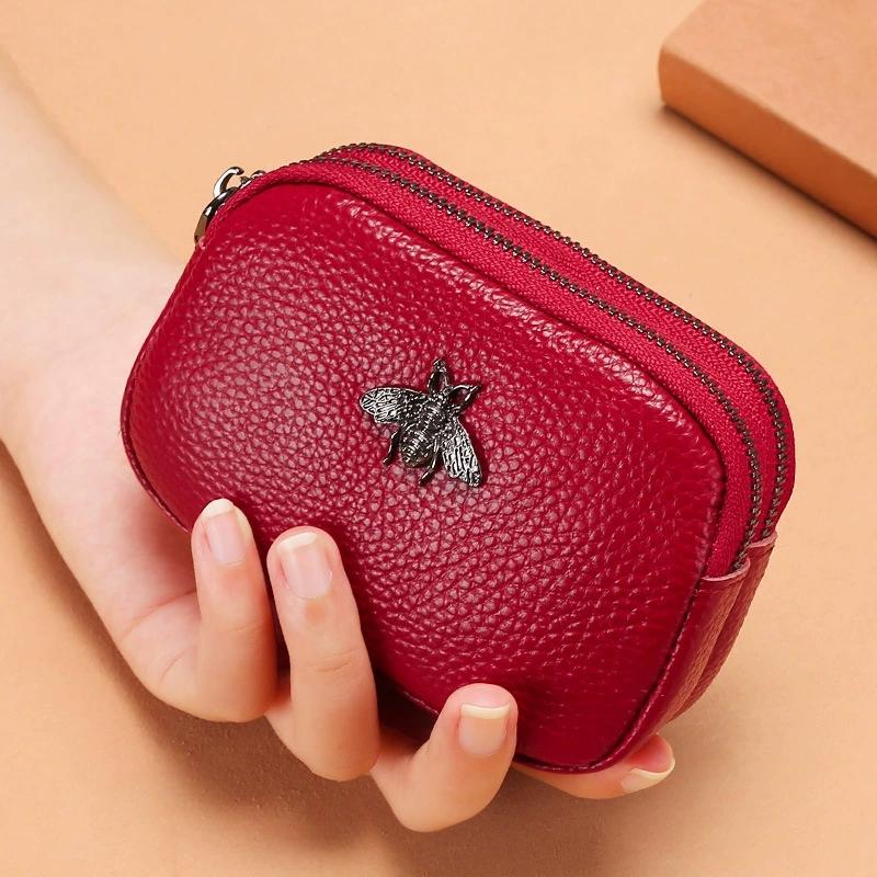 

Модный женский кошелек из натуральной кожи с двойной молнией, небольшой кошелек, кошелек красный