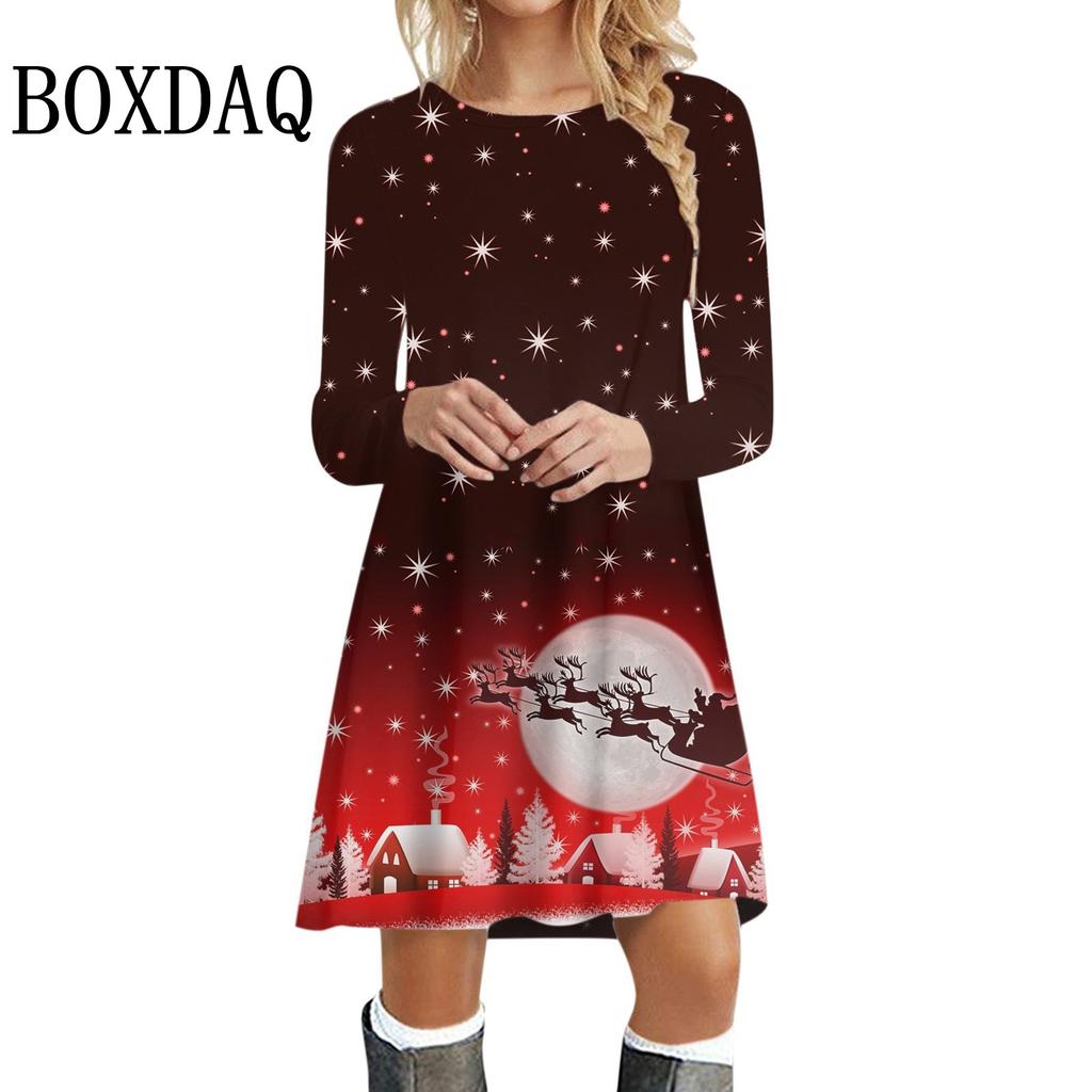 Christmas Tree Print A-Line Dresses For Women Winter Long Sleeve Snowflake Dress Casual Cute Loose Plus Size Vestidos