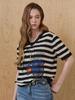 MAXZA Camera Print Color Block V-Neck Striped Knit