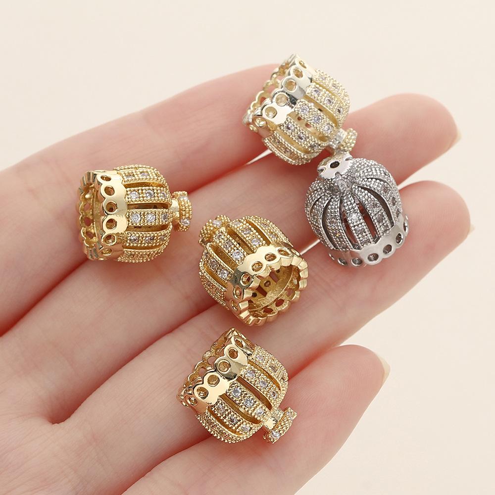 Copper Inlaid Zirconium Crown Fringed Cap, Hollow Pierced Bead Diy Bracelet Necklace Accessories