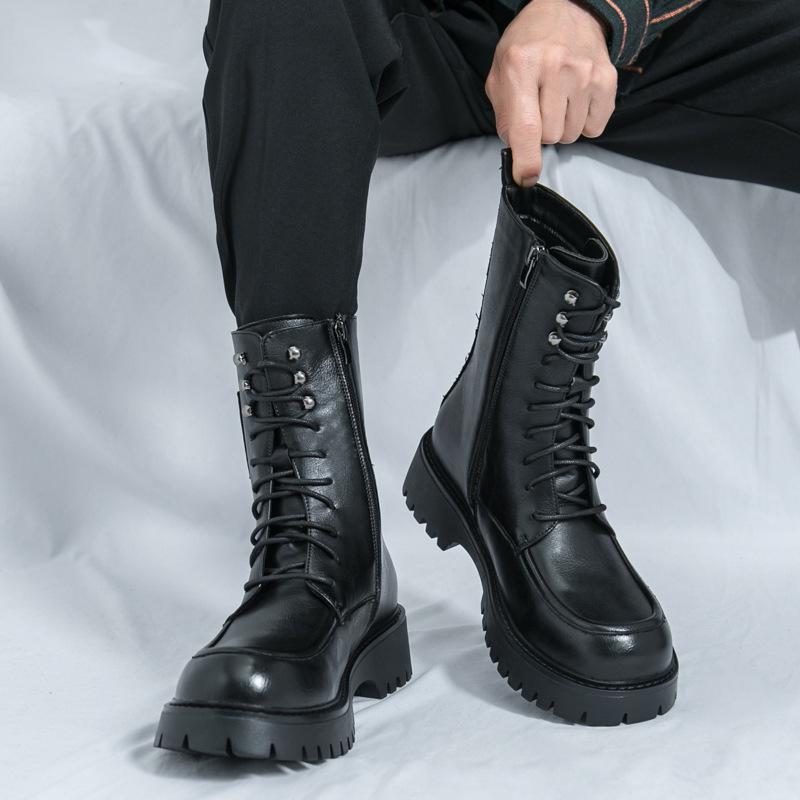 Men's British Style Leather High-Top Martin Boots - Autumn/Winter, Thick Sole, Height-Increasing, Long Lace-Up, Motorcycle Design.