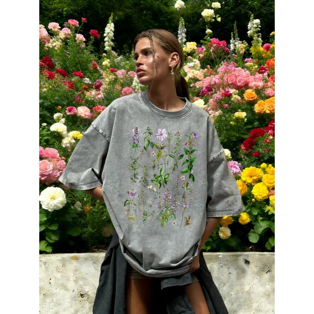 T-shirt Lavé Imprimé Fleurs Violettes Rétro Plantes Herbacées Femme Été Salle de Sport Manches Courtes Coton Hauts Amples T-shirt