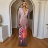 D25ds258 Fashion Cross-Border Women's Clothing Sexy Temperament Florals Gradient Printing Net Falbala Dress