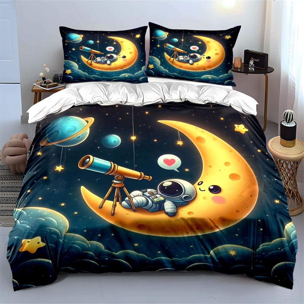 Astronaut Stargazing Cute Moon Set Exquisite Three-Piece Bedding Set Gift For Kids And Adults