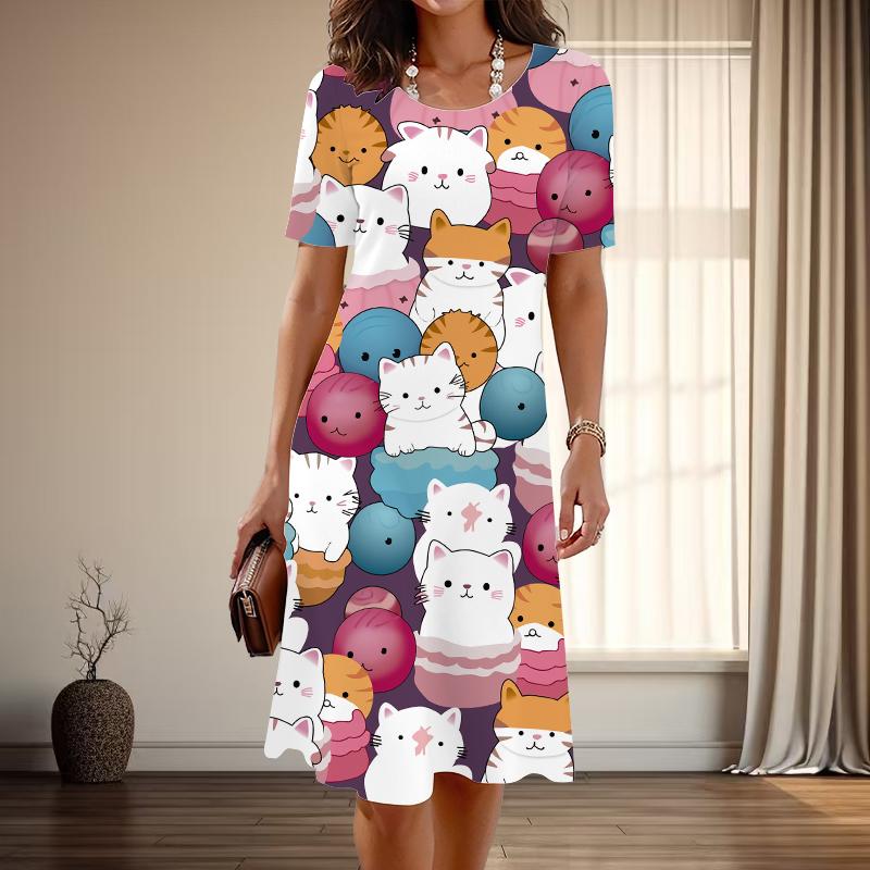 Women's Fashion Graceful Kitten Print Summer Spring Short Sleeve O-Neck Casual Dresses