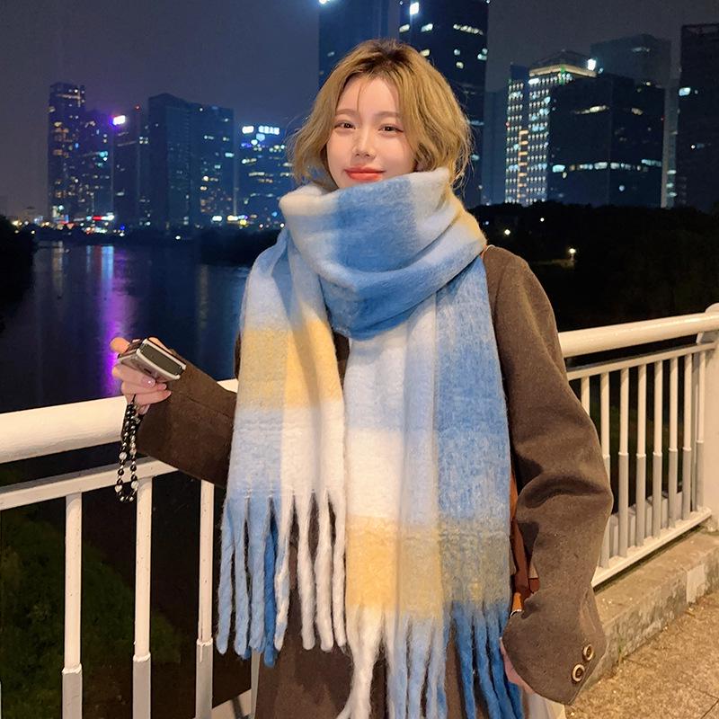 Rainbow Mohair Plaid Scarf - Thick, Chunky, Warm Winter Tassel Neck Warmer in Four Colors
