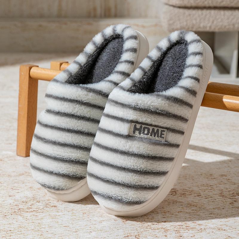 Plush cotton slippers women's autumn and winter home soft bottom non-slip plush warm couple striped plush slippers men's