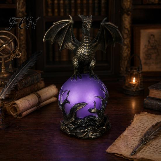 Resin Dragon Sculpture Statue with Ball, Dark Style Figurine, USB Powered Desktop Figurine With Light Lamp Ornaments, Fantasy Gift for Men &